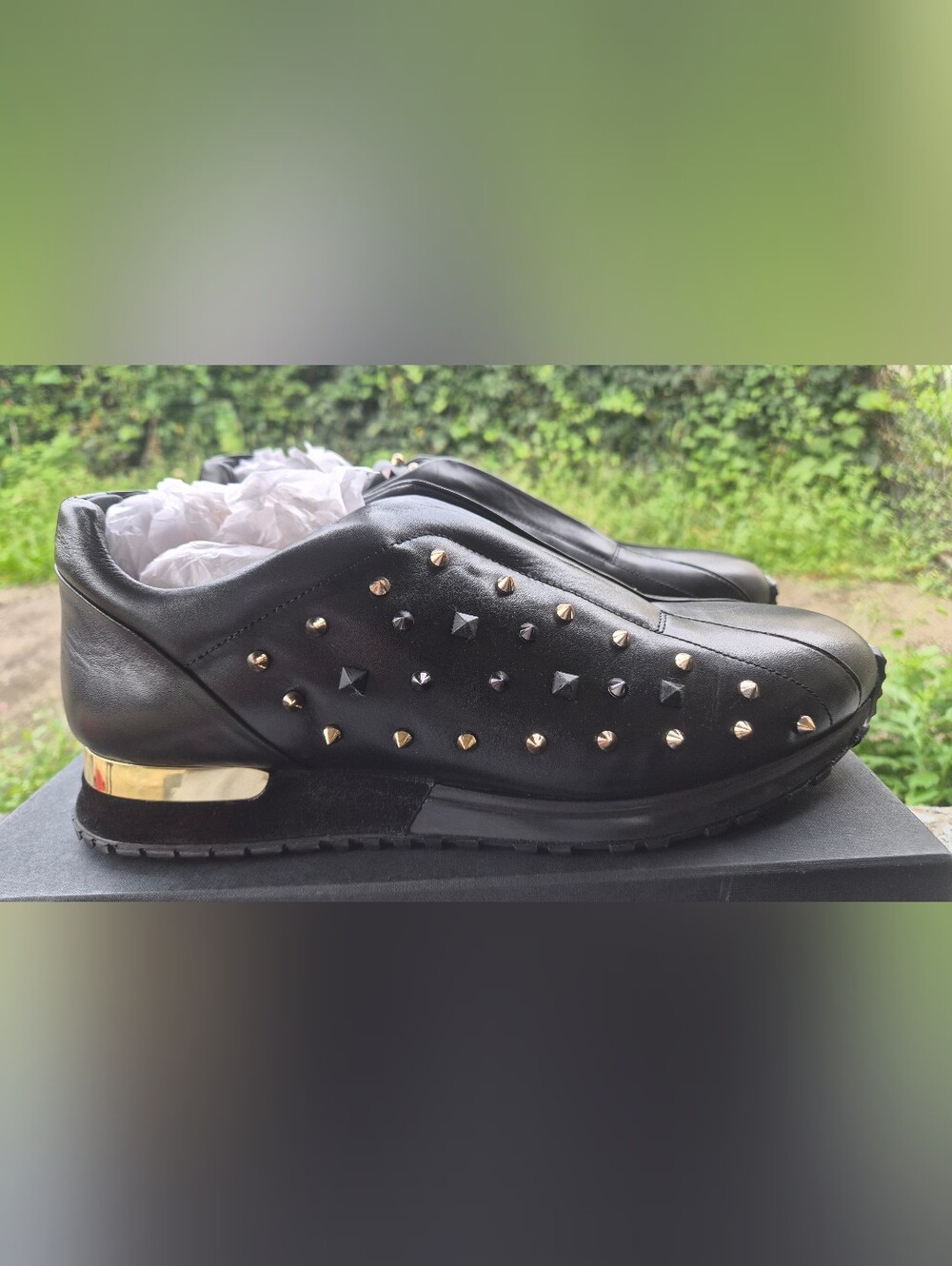 Vinci Leathers Designer Black Studded Mens Slip-On Loafers Size 44